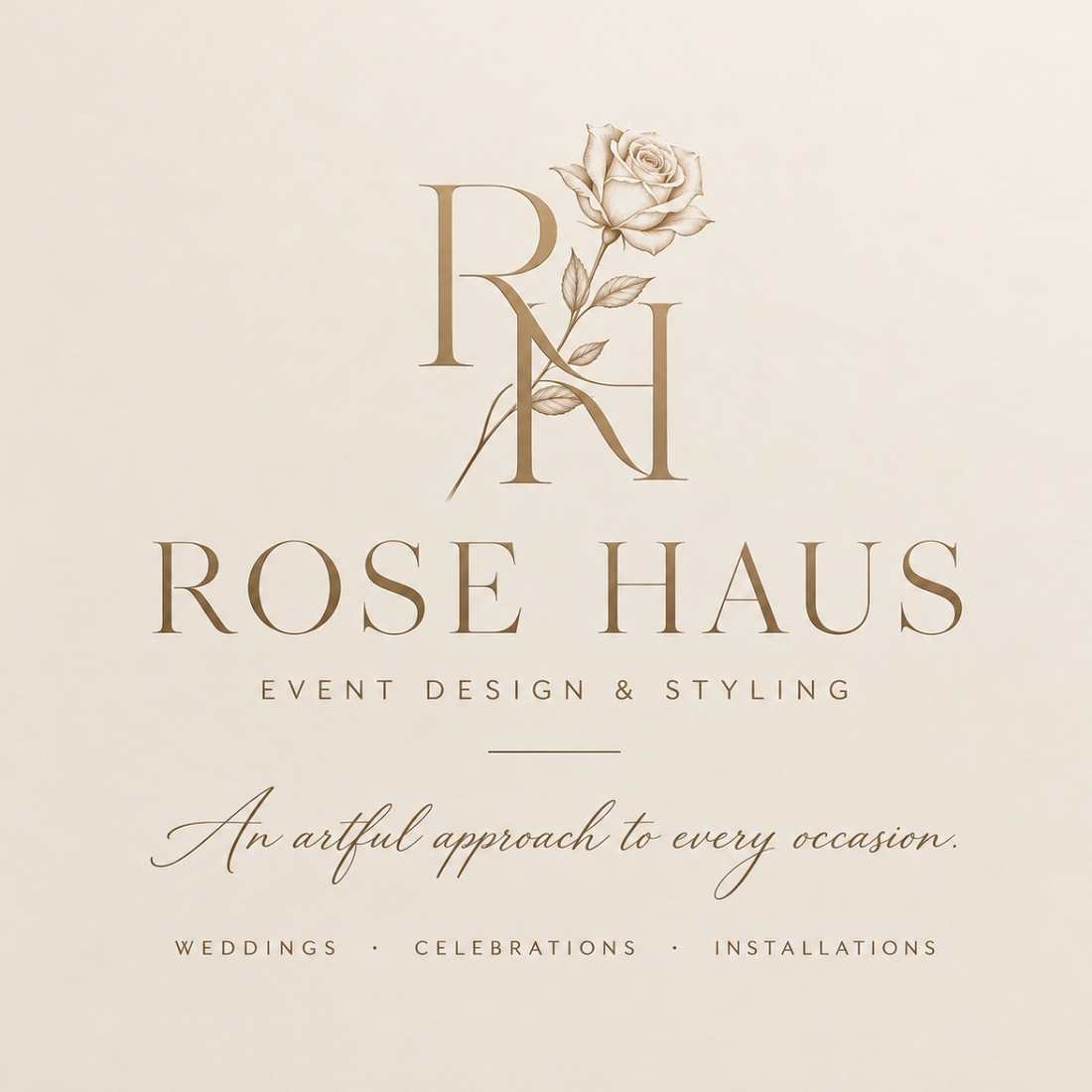 Original Rose Haus Event Design and Styling gold rose monogram and tagline: An artful approach to every occasion
