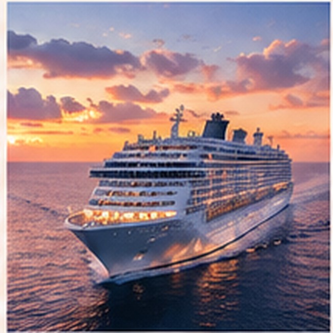 Cruise ship sailing at sunset