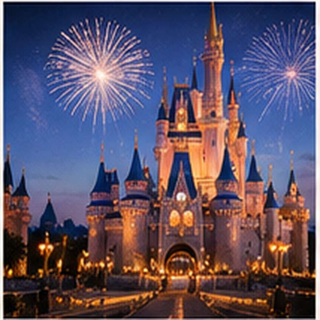 Fairytale castle illuminated by fireworks