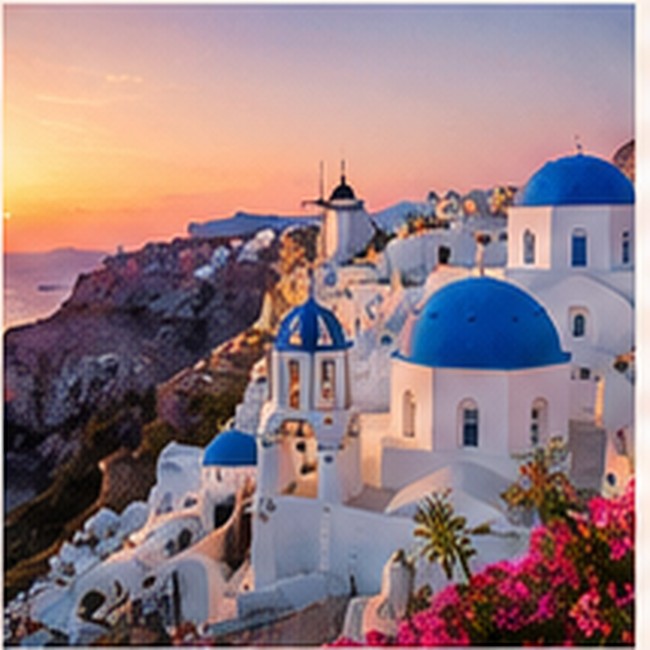 Whitewashed Mediterranean hillside at sunset